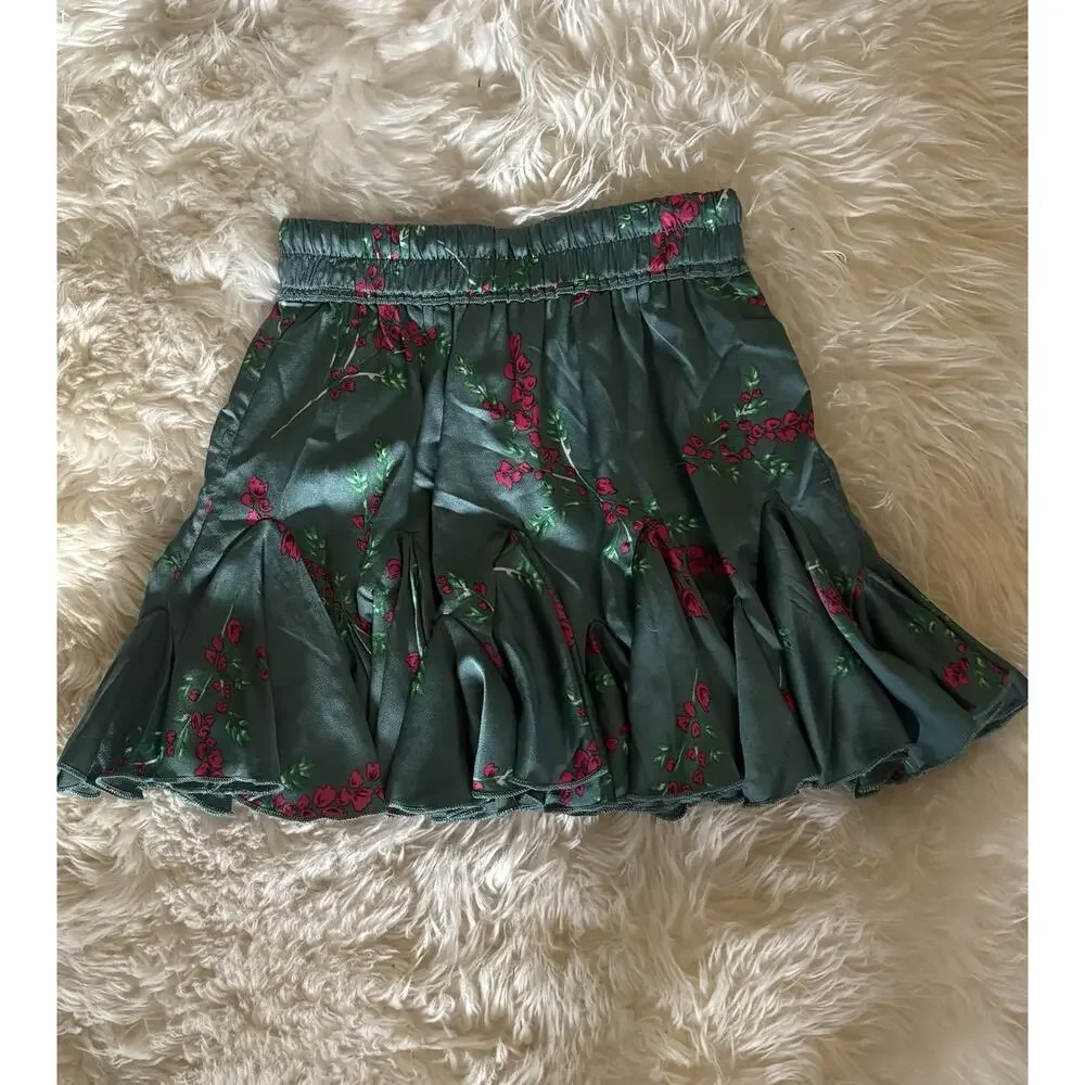 Selfie Leslie Emerald Green Floral Satin Ruffle Mini Skirt